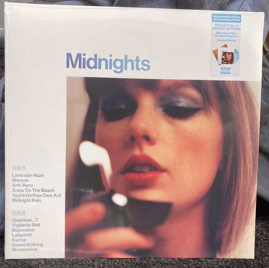 Taylor Swift Midnights Moonstone Blue Vinyl with Hand Signed Photo - Sealed New